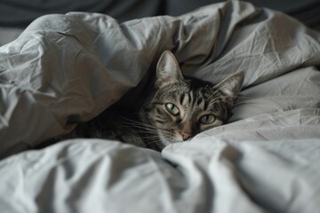 Tabby cat hiding under the duvet in bed. Comfortable pet in a domestic setting. Home lifestyle and cozy indoor concept