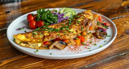 onion omelette with vegetables in a white plate on wooden surface