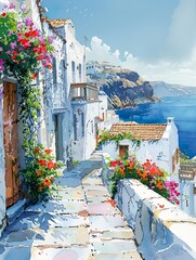 Santorini streets with windows and houses and flowers in watercolor style