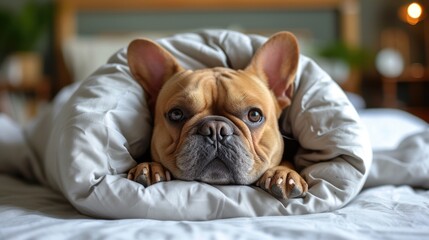 French bulldog lying under a white blanket on a bed.