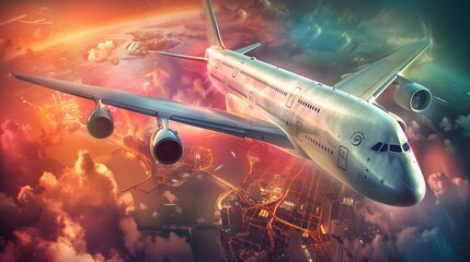 Airplane Flying Over City at Sunset