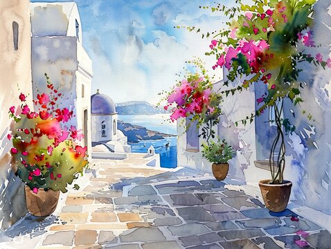 Fototapeta Santorini streets with windows and houses and flowers in watercolor style
