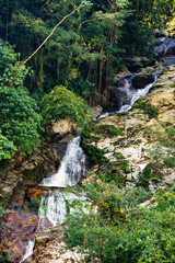 Small waterfall river in jungle. Hard trek to hidden ancient ruins of Tayrona civilization Ciudad Perdida in Colombian jungle. Santa Marta, Sierra Nevada mountains, Colombia wilderness landscape. - 743734331