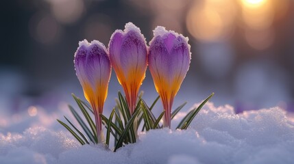 Purple and yellow crocuses emerging from snow.