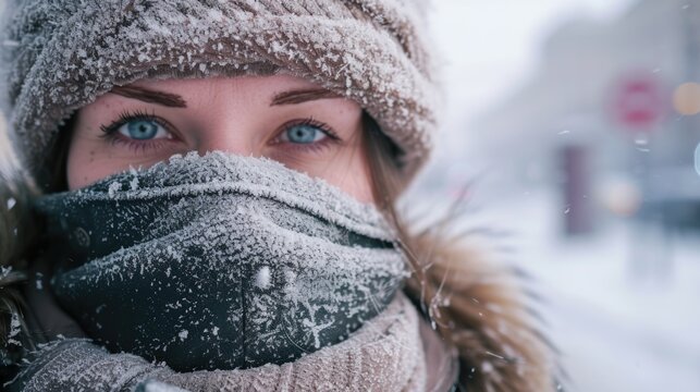Woman with blue eyes covered in frost. Close-up winter portrait with snowy scarf.