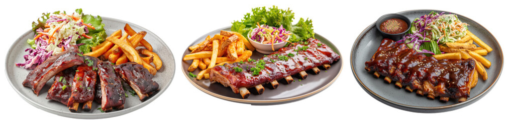 Barbecue pork ribs with fries and salad. Succulent bbq pork ribs served with crispy fries and fresh salad on a plate - Collection isolated on transparent background - obrazy, fototapety, plakaty