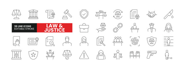 Set of 36 Law and Justice line icons set. Law and Justice outline icons with editable stroke collection. Includes Court, Inspector, Lawyer, Guilty, Arrest, and More.