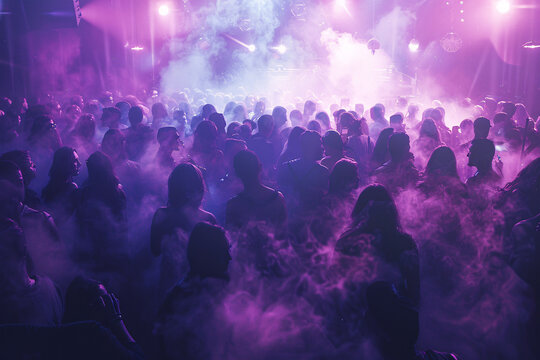 Hazy dance floor scene with crowd and bright light effects
