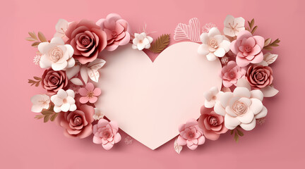 paper heart and rose flowers heart shaped frame with copy space in pastel rose pink. origami pattern for wedding love valentines mothers day  concept background. - 743735150