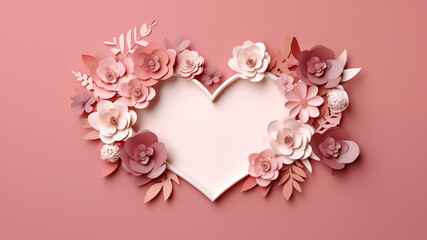 paper heart and rose flowers heart shaped frame with copy space in pastel rose pink. origami pattern for wedding love valentines  mothers day  concept background. - 743735197