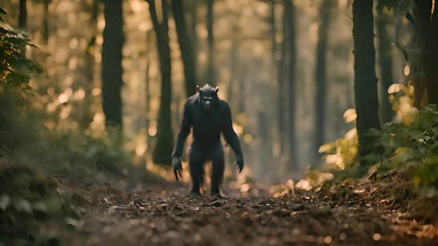 Elusive bigfoot is spotted casually strolling through a sun-dappled forest