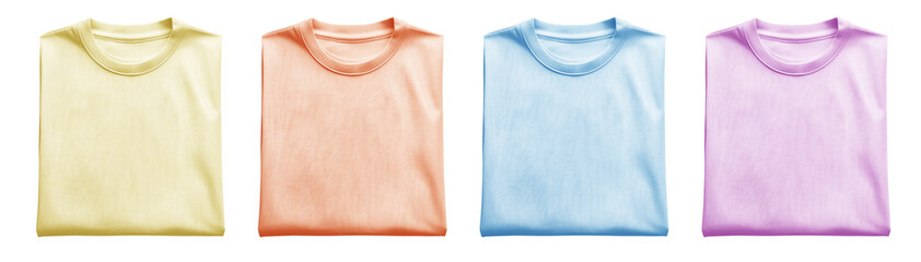 Set of folded blank pastel light yellow orange and blue purple violet tee t shirt sweater round...