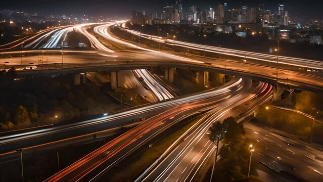 View a bustling freeway illuminated by the lights of passing vehicles, capturing the motion and energy of nighttime traffic