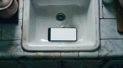 Isolated smartphone device on the bathroom table with blank empty white screen, communication cooking technology concept