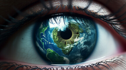 eye with the earth reflection - obrazy, fototapety, plakaty