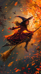 Beautiful young witch flying on a broomstick in the autumn forest.