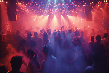 Fototapeta na wymiar Crowded dance floor with colorful lights and smoke