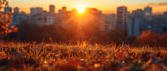 Close-up of a lawn overlooking the city at golden hour, Camera taken from the ground, Generative Ai