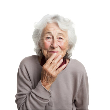 Photo of a content elderly person finger on lips isolated on white background