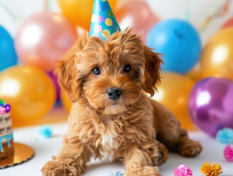 An adorable cavoodle puppy wearing a hat over the white background with birthday party concept, Generative Ai