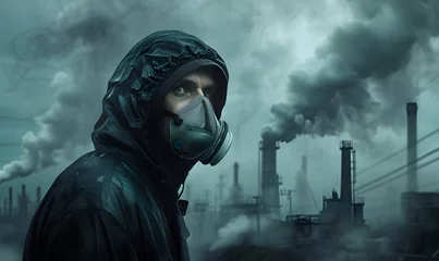 Fotobehang Problem of growing greenhouse effect, warming and the constant increase in concentration of temporary substances in air. Human in a gas mask in front of smoking factory. Extremely polluted atmosphere. © NaLan
