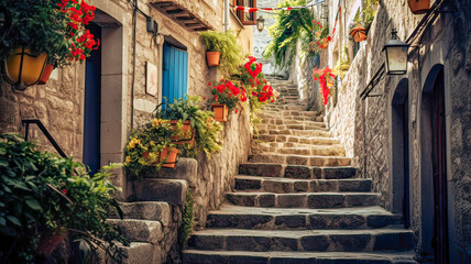 Lively rural setting, stone houses, decorated stairs, vibrant flower pots, festive atmosphere.