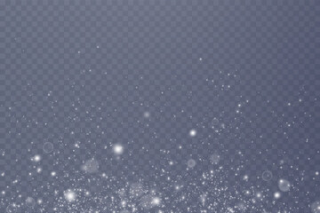 White png dust light. Bokeh light lights effect background. Christmas background of shining dust Christmas glowing light bokeh confetti and spark overlay texture for your design.