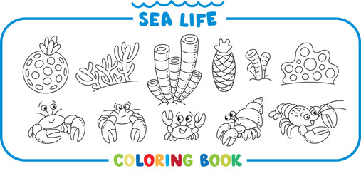 Crabs and corals. Sea theme. Big coloring book set.