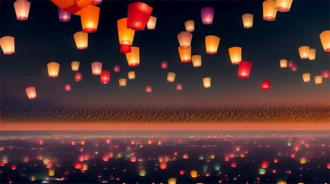 Various colored lanterns floating in the sky, celebration or festival background.