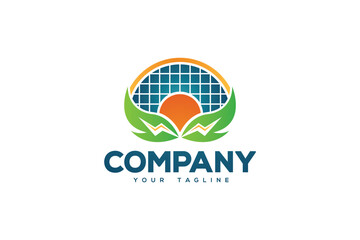 Logo design of an energy solar panel with bright sun in the center and leaves on top..