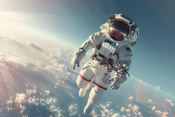 Fototapeta premium Picture of astronaut spacewalking with Earth background. Portrait of astronaut in deep outer space