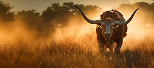 Fotobehang A large bull raises dust with its furious running against the backdrop of sunset rays, a symbol of the state of Texas, bullfighting   © Sunny
