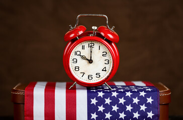 USA flag with alarm clock. Election day or voting time background with copy space. - 743739159