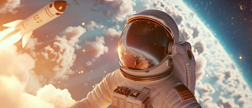 Picture of astronaut spacewalking with Earth background. Portrait of astronaut in deep outer space