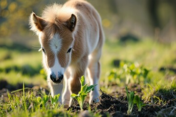 Pony cachorro marrón pastando en campo verde