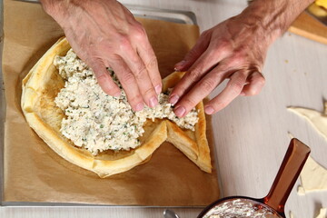 Place filling on prepared pastry. Making Salmon in Puff Pastry Series.