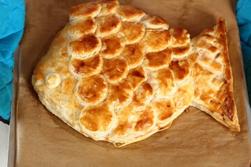 Freshly baked pie. Making Salmon in Puff Pastry Series.