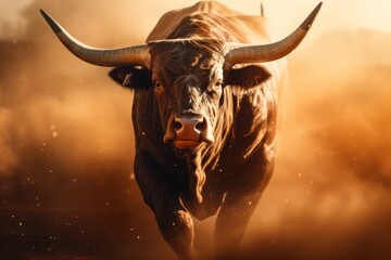 A large bull raises dust with its furious running against the backdrop of sunset rays, a symbol of the state of Texas, bullfighting	
 - obrazy, fototapety, plakaty