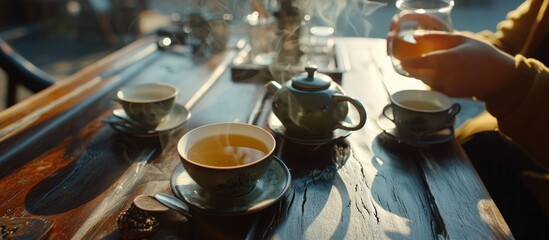 Unseen people enjoy hot drinks from stylish teapot and cups on a beautiful table.