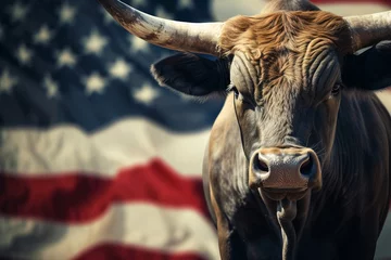 Foto op Canvas A large bull against the background of the American flag as a symbol of the state of Texas. Revolution or bullfight concept   © Sunny