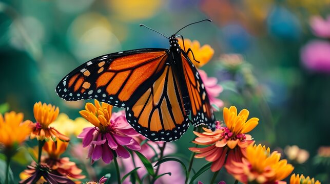 Monarch Butterfly Amidst Blooming Flowers in a Colorful Garden