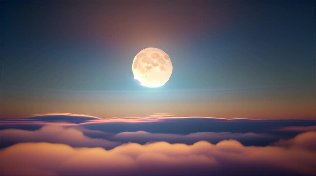 Full moon illuminates the midnight sky, casting its light over clouds and stars