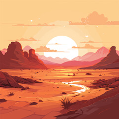 Vector illustration of Sunset Desert Landscape. 