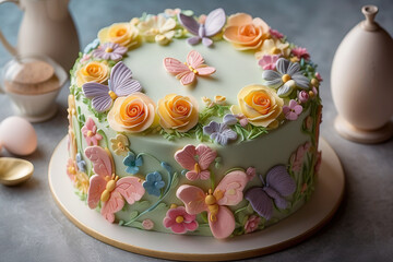 Obraz na płótnie Canvas A stunningly beautiful Easter cake decorated with marzepan butterflies and flowers in delicate pastel colors.