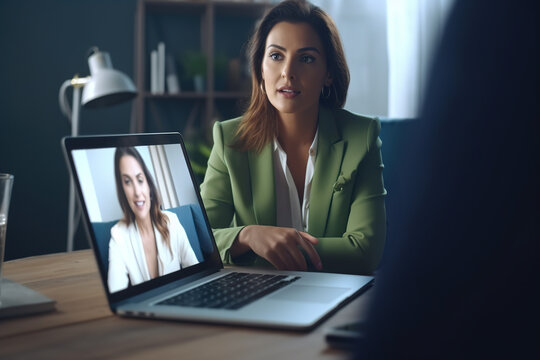 Businesswoman on a webcam conference on a laptop with diverse colleagues. Female employee talking on a video call with multiracial coworkers engaged in an online office briefing.