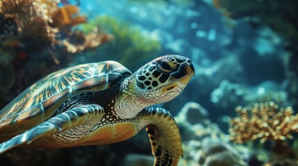 Fototapeta premium Graceful Sea Turtle Swimming Amidst Vibrant Coral Reefs Underwater” (70 characters