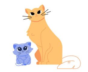 Mother cat and her kitten are sitting next to each other. Charming fluffy lady and funny animal baby. Colorful vector illustration.