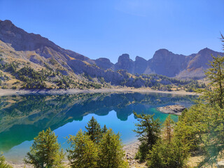 Panorama of the famous Lac d'Allos. English : Allos Lake. Very sunny day. Allos,...