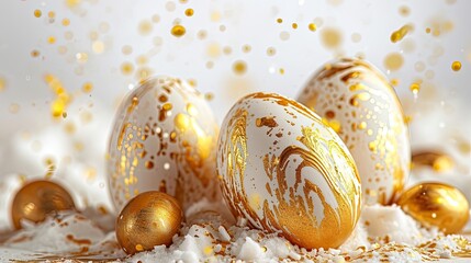 Golden painted Easter eggs on white background, eggs with metalic foil texture, splashes of shining paint, AI generated image
