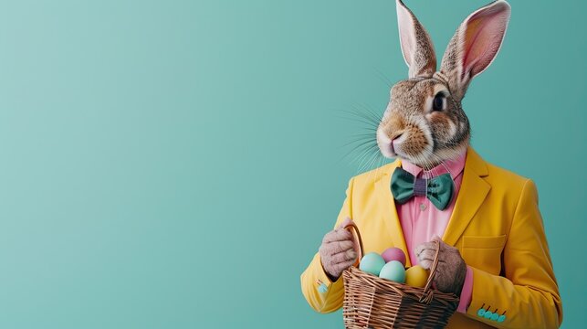 Easter trendy banner with a rabbit wearing hipster suit as a human, Easter bunny fashion model, background with copy space, AI generated